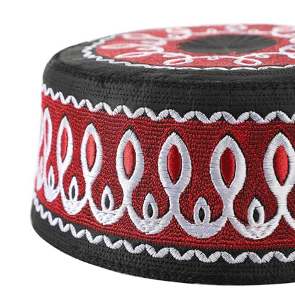 Muslim Prayer Kufi Hat Men Islam Skull Embroidery Cap Beanie Hat Arabian Omani Turkish Prayer Headwear Eid Gift - color: Wine Red