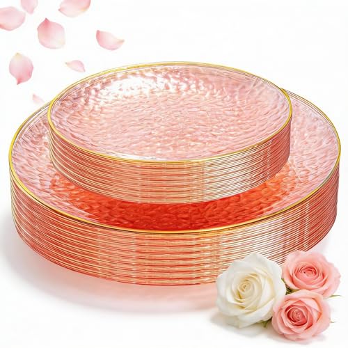 SUT 36Pcs Pink Plastic Plates, Hammered Plates Disposable Heavy Duty, Pink Disposable Plates With Gold Rim, Fancy Plastic plates Include 18 Dinner and 18 Dessert plates for Valentine's Day - color: Pink, size: 36PCS
