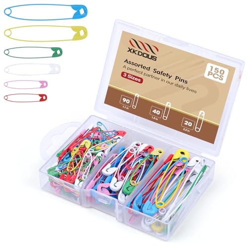 XKDOUS Safety Pins - 150 Pcs Assorted Sizes 6 Color Pins Bulk - color: 6 Color, size: Assorted Sizes - Small & Large (150 Pcs)
