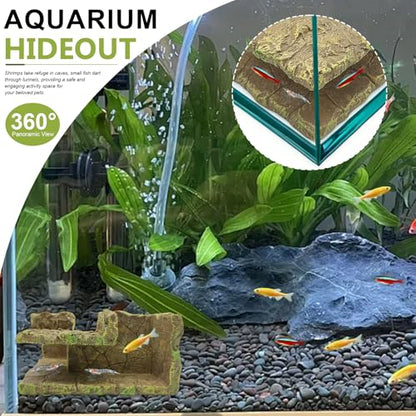 Aquarium Underground Corner Cave, Rock-Texture Fish Tank Viewing Tunnel Hideout for Betta, Shrimp, Corydoras & Kuhli Loach, Small Aquarium Decor Cave for Bottom-Dwelling Fish