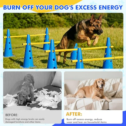 Wdmiya 18.9" Dog Agility Training Hurdle Cone Set with Adjustable Crossbar | Dog Agility Course Backyard Set, Dog Agility Equipment for Obedience, Rehabilitation, Starter - 12 Cones & 6 Poles