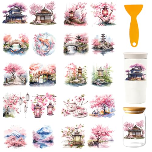 20 Pcs Oriental Courtyard UV DTF Cup Wraps, 4.3 x 9.4 Inch Cherry Blossom UV DTF Transfer Stickers Flower Waterproof Rub on Transfer Decals for 16OZ Glass Bottle Vase Furniture Crafts - style: Oriental Courtyard