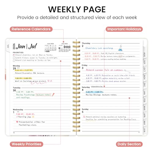 Planner 2026-2027, Academic Monthly and Weekly Calendar Planner for Women, July 2026 - June 2027, Hardcover Pretty Agenda Planner Book with Tabs, Spiral Daily Organizer for School Office Home Supplies, 6.3" x 8.5" - Painted Bloom - color: D-Painted Bloom,