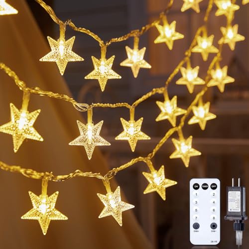 Minetom 33ft Plug in Star String Lights with Remote and Timer - color: Warm White - 33ft