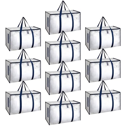 HealSmart 10 Pack Large Moving Bags with Zippers & Handles, Moving Supplies with lids, Heavy Duty Totes for Space Saving, Fold Flat, Moving and Storing, Clear - color: Clear, size: 10-Pack, style: Carrying Handle