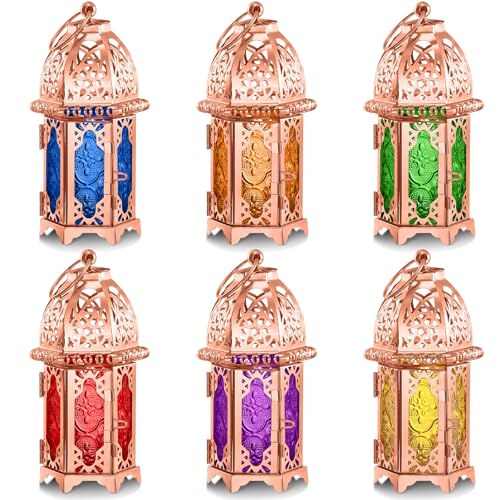 Mumufy 6 Pcs Moroccan Lanterns Ramadan Lantern Eid Decorations for Home Gold Lamp Decor Vintage Decorative Eid Mubarak Hanging Candle Lantern for Party Decor Indoor Outdoor (Rose Gold) - color: Rose Gold