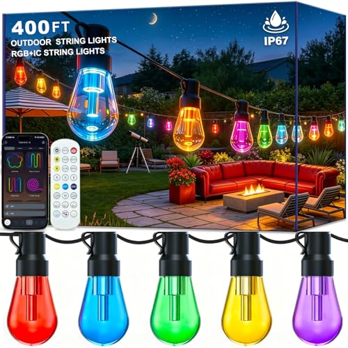 AILBTON RGB+IC 400FT Outdoor String Lights Bulbs IP67 Waterproof LED Color Changing Smart App Hanging Shatterproof Light with Remote Controller for Outside, Patio, Backyard, Garden, Party - size: 400FT