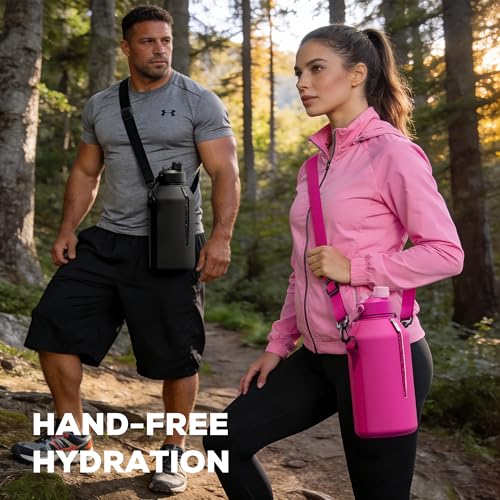 POWCAN 64 oz Insulated Water Bottle with 2-in-1 Straw & Spout Lid, Leakproof, Top Handle, Keep Cold 48H, BPA-Free, Brush, Metal Water Bottle with Carrier Bag for Work, Sports, Travel and Gym (Plum) - color: Plum