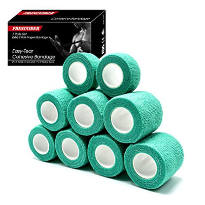 FRESINIDER 9 Rolls Self Adhesive Wrap Athletic Tape Gauze, Breathable Elastic Cohesive Bandage for Sports Injury & Pet (7 Pcs 2" x 5 Yards + 2 Pcs 1" X 5 Yards) (Green) - color: Green