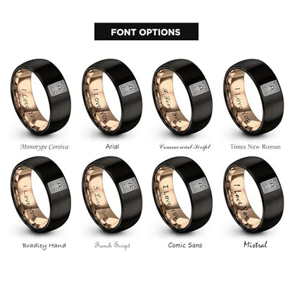 Gift for Muslim Devotee - Prayer Rug Pattern Ring - Black Yellow Rose Gold - Band - Anniversary Wedding - Personalized Custom Engraving - Flat Dome Bevel - 8mm - Men Women - Tungsten Carbide - color: 01 - Rose Gold Black Tungsten