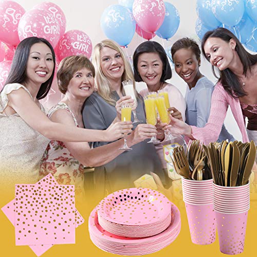 Pink and Gold Party Supplies 145PCS Golden Dot Paper Party Dinnerware Includes Paper Plates, Napkins, Knives, Forks, Cups, Banner, for Bachelorette, Girl Birthday, Baby Shower, Serves 24 - color: Pink Gold (Serves 24)