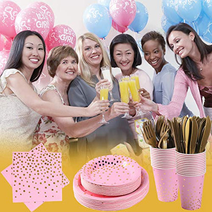 Pink and Gold Party Supplies 145PCS Golden Dot Paper Party Dinnerware Includes Paper Plates, Napkins, Knives, Forks, Cups, Banner, for Bachelorette, Girl Birthday, Baby Shower, Serves 24 - color: Pink Gold (Serves 24)