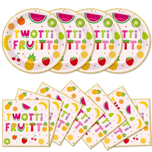 Qyeahkj 48Pcs Twotti Frutti Paper Plates and Napkins Summer Fruit 2nd Birthday Party Decorations Second Birthday Party Supplies Summer Fruit Disposable Tableware Set for Kids Boys Girls Serve 24 - style: Twotti Frutti