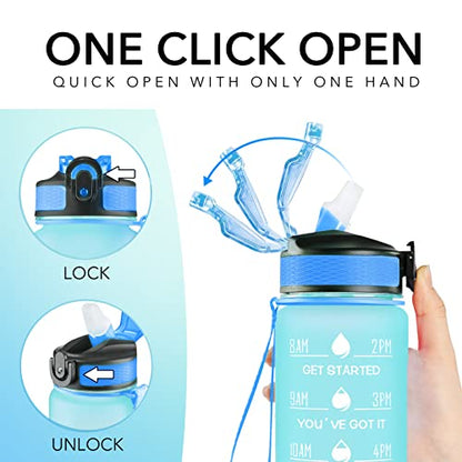 Hyeta Water Bottle with Straw & Time Marker, Plastic 32oz Leakproof | Motivational Tritan BPA Free Gym Office Outdoor Intake Tracker Hourly Reminder Straw Lid Carry Strap - color: Green-Blue