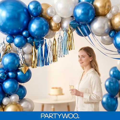 PartyWoo 메탈릭 블루 풍선 140피스 다양한 사이즈 45.7cm(18인치), 30.5cm(12인치), 25.4cm(10인치), 12.7cm(5인치) 크롬 블루 라텍스 풍선 졸업 웨딩 베이비 샤워 웨딩 처녀 생일 파티 장식 블루-G106 - color: 블루-g106
