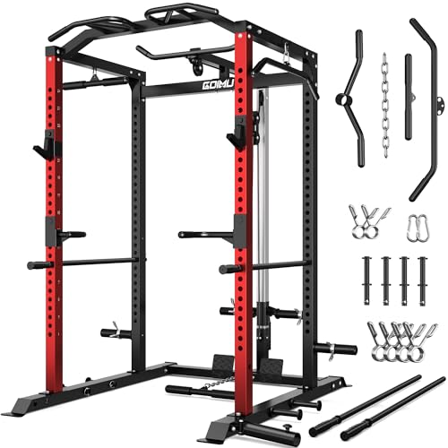 C1-V4 Power Cage, 2000LBS Squat Rack with LAT Pulldown, Multi-Function Weight Cage Strength Training Machine, Workout Cage with More Attachments for Home Gym Garage - style: RD Power Cage C1-V4