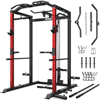 C1-V4 Power Cage, 2000LBS Squat Rack with LAT Pulldown, Multi-Function Weight Cage Strength Training Machine, Workout Cage with More Attachments for Home Gym Garage - style: RD Power Cage C1-V4