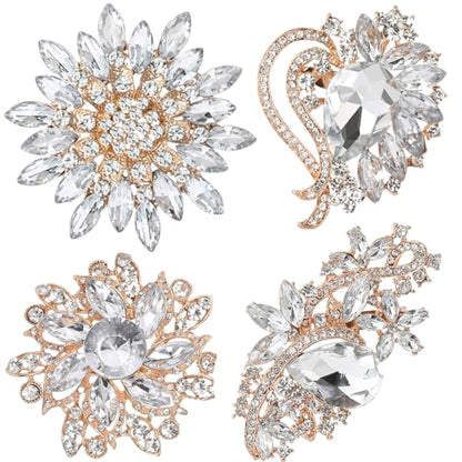 Ezing 4 Pieces Lot Large Big Silver Gold Plated Assorted Crystal Rhinestones Brooch Pins Set - color: D