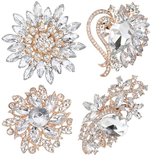 Ezing 4 Pieces Lot Large Big Silver Gold Plated Assorted Crystal Rhinestones Brooch Pins Set - color: D