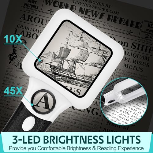 Compact Magnifying Glass with Lights,45X 10X Small Handheld Lighted Magnifier, 3 LED Light Magnifying Glass for Reading Small Prints & Low Vision Seniors Rectangle 1PACK - color: 1 Pack Black Handle&white Frame