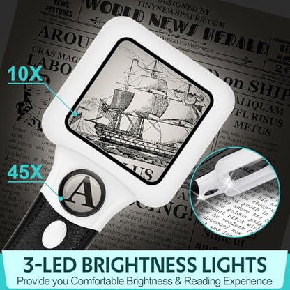 Compact Magnifying Glass with Lights,45X 10X Small Handheld Lighted Magnifier, 3 LED Light Magnifying Glass for Reading Small Prints & Low Vision Seniors Rectangle 1PACK - color: 1 Pack Black Handle&white Frame