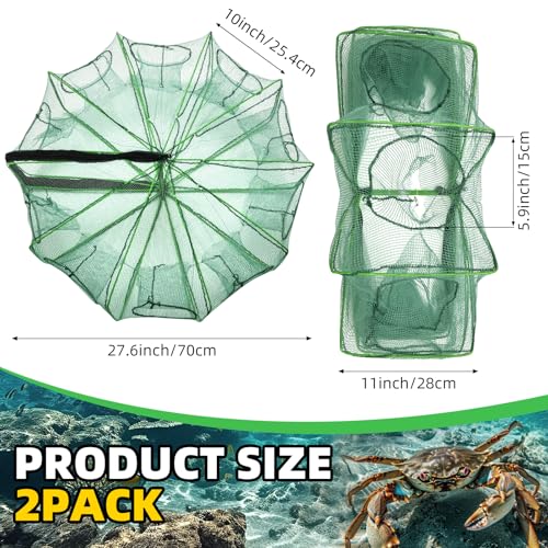 2 Pcs 32 x 10 Inch Collapsible Crab Trap 10 Holes 10 Sides Foldable Fishing Nets with 2 Rope for Minnows Fishing Crawfish Crab Lobster Shrimp