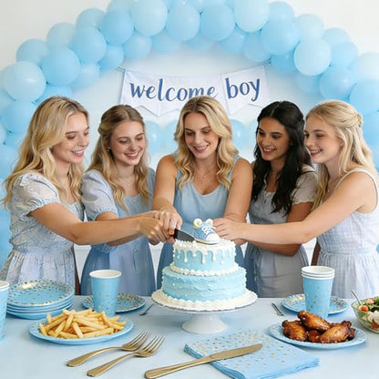 Blue and Gold Party Supplies 145PCS Golden Dot Disposable Party Dinnerware Includes Paper Plates, Napkins, Knives, Forks, Cups, Banner, for Baby Shower, Boy Birthday, Serves 24 - color: Blue Gold (Serves 24)