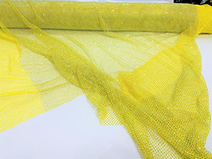 New Creations Fabric & Foam Inc, 45" Wide AB Iridescent Rhinestone On Soft Stretch Fish Net Fabric by The Yard (1 Yard, Iridescent Rhinestones on Yellow Mesh) - color: Iridescent Rhinestones on Yellow Mesh