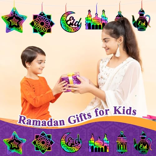 FEBSNOW 48Pcs Ramadan Crafts for Kids Magic Rainbow Scratch Paper Art Set | School Classroom Ramadan Activities, Kids DIY Eid Craft Projects, Magic Hanging Scratch Ornaments, Holiday Party Favors - style: Ramadan