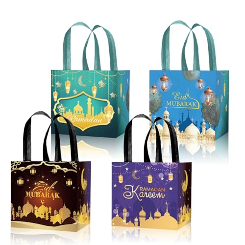 LOONELO Ramadan Mubarak Gift Bags with Handle, 8pcs Eid Mubarak Non-Woven Favor Tote Bags for Goodie, Biscuit, Muslim Reusable Candy for Ramadan Kareem Hajj Festival Wedding Party Decorations