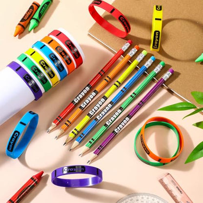 96 Pcs Crayon Themed Pencils Silicone Bracelets Bulk Back to School Supplies Set Crayon Party Favors First Day of School Gifts for Kids Students Classroom Rewards Gifts Birthday Party Supplies - style: Crayon