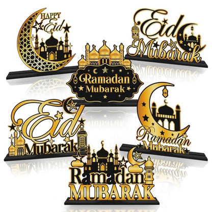 6 Pcs Ramadan Table Decor, Wooden Crescent Moon Star Eid Mubarak Decorations, Ramadan Kareem Mosque Sign Decor Gifts for Home Islamic Holiday Decorations