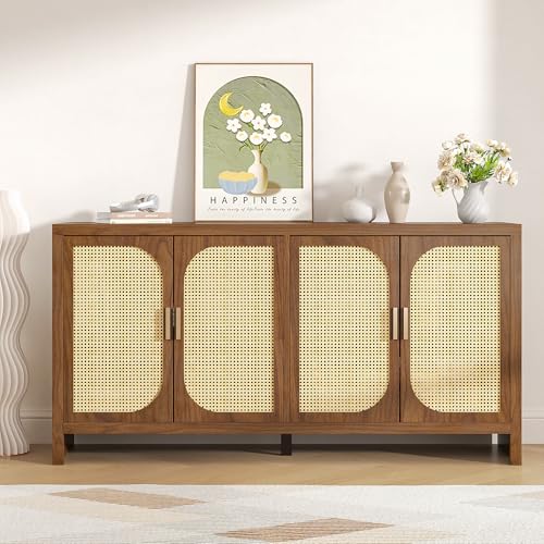 Fiogmub Rattan Sideboard Buffet Cabinet with Storage, Wooden Cabinet | 4 Doors Adjustable Shelves, for Kitchen, Dining Room, Entryway - color: Walnut