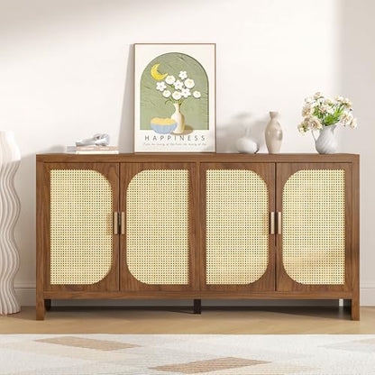 Fiogmub Rattan Sideboard Buffet Cabinet with Storage, Wooden Cabinet | 4 Doors Adjustable Shelves, for Kitchen, Dining Room, Entryway - color: Walnut