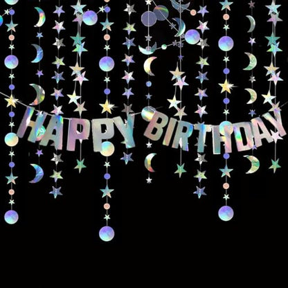 Star Moon Circle Dot Garland Party Decoration Kit, Holographic Party Decorations Hanging Stars Streamer Backdrop Crescent Garlands Happy Birthday Banner Backdrop for Birthday Wedding