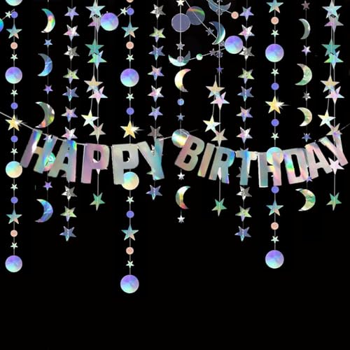 Star Moon Circle Dot Garland Party Decoration Kit, Holographic Party Decorations Hanging Stars Streamer Backdrop Crescent Garlands Happy Birthday Banner Backdrop for Birthday Wedding