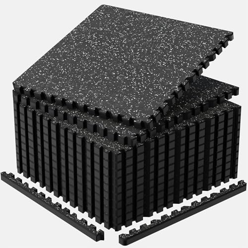 1'' Thick 48 Sq Ft Protective Gym Flooring for Home Gym, 12 Tiles Extra-Thick Rubber Top with High Density EVA Foam, Interlocking Exercise Equipment Mats, Heavy Weight Workout, Black & White - color: Black/White, size: 48 Sq Ft (12 Tiles)