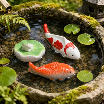 Garneck 3pcs Ceramic Floating Fish Decor: Koi Fish Aquarium Ornaments Porcelain Garden Pond Figurines Leaf Pad Goldfish Water Fountain Birdbath Bowl Tank Accent for Indoor Outdoor