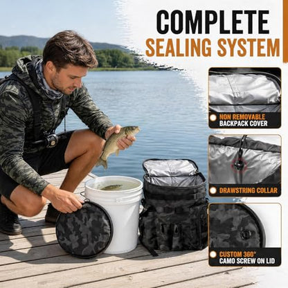 Fishing Bucket Organizer with 5 Gallon Bucket & Rotating Seat Lid | 360 Swivel Seat Lid, Bucket Backpack with Backpack Straps, Full Water-Resistant & Multi-Pockets (Fishing Tools Not Included) - style: Complete Set (Including Bucket & 360° Rotating Seat)