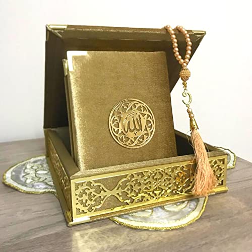 VOGUEHOMEDECOR Velvet Covered Quran and Pearl Tasbih in Wooden Decorative Box | Quran Gift Box | Islamic Gift Set | Islamic Birthday, Wedding Gift | Muslim Eid Ramadan Gift (Gold) - color: Gold