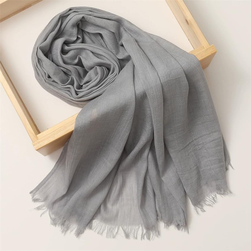 Solid color cotton and linen scarf, wrinkled all season versatile long sunscreen fashionable shawl - color: Light Gray