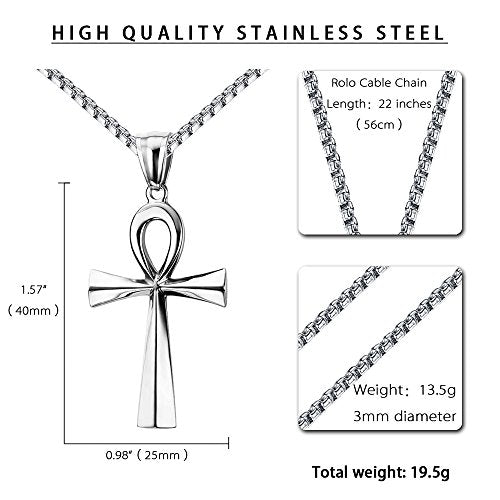 REVEMCN Reve Stainless Steel Coptic Ankh Cross Religious Pendant Necklace for Men Women, 20-24 Inches Chain - style: Silver Tone: 22'' Rolo Chain