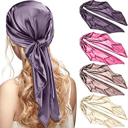 Syhood 4 Pcs 35 Inch Head Satin Large Bandana Satin Scarves Head Scarf for Women's Hair Square Scarf - color: Dark Grey, Camel, Beige, Light Rose Red