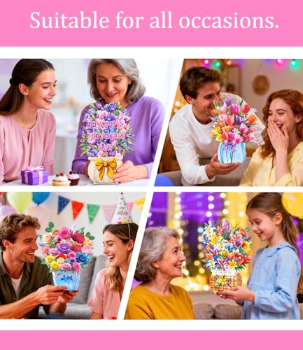 4 Pack 3D Pop Up Flower Bouquet Cards – Rose, Tulip, Lily, Mother’s Day Designs, Colorful Stand-Up Floral Centerpieces for Birthday, Anniversary, Thank You, Get Well, Includes Envelopes & Blank Notes - style: Floral Flour