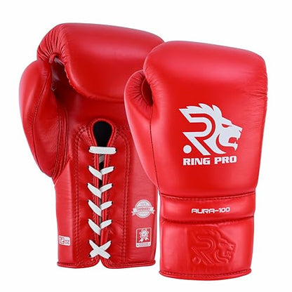 Aura 100 Full Grain Leather Lace Up Boxing Gloves for Men & Women – Professional Training, Sparring, Competition, Muay Thai, Kickboxing & Heavy Bag Gloves - color: Red, size: 12 OZ