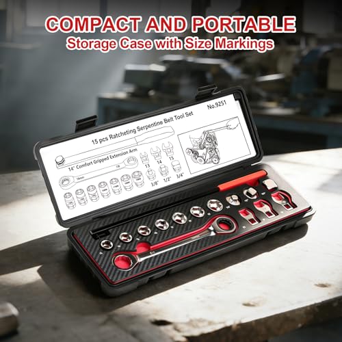 15PCS Serpentine Belt Tool Kit for Belt Removal & Installation | Professional Serpentine Belt Tensioner Tool Kit with Ratcheting Wrench, 13-19mm Sockets, Crowfoot Wrenches, CR-V Steel