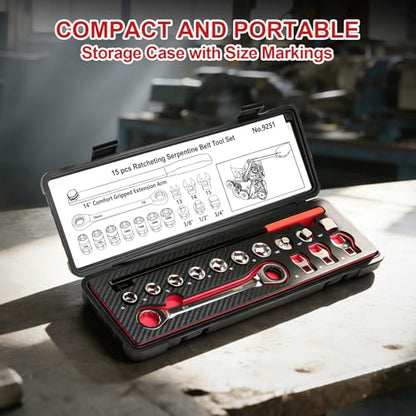 15PCS Serpentine Belt Tool Kit for Belt Removal & Installation | Professional Serpentine Belt Tensioner Tool Kit with Ratcheting Wrench, 13-19mm Sockets, Crowfoot Wrenches, CR-V Steel