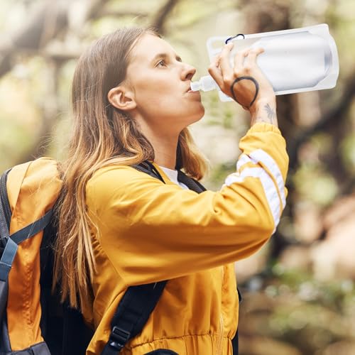 Maxdot 4 Pack 1L Collapsible Travel Water Bottles with Clip 33 oz Clear Foldable Water Pouch Container Bag for Hiking Backpacking Camping Travel Emergency