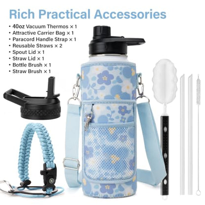 DYSANKY Insulated Water Bottle Gift– Stainless Steel Bottle with Carrier Bag, Strap & Gift Box – BPA-Free – Ideal for Hiking, Camping & Travel - Blue Flower 40 oz - color: Blue Flower, size: 40 Ounces