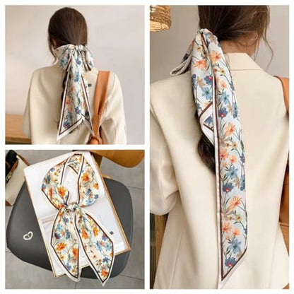 Silk Feeling Head Scarf Fashion Satin Hair Scarf Square Long Scarves for Women Gifts - color: 02 Daisy Flower Beige 5.12 X 59 Inch